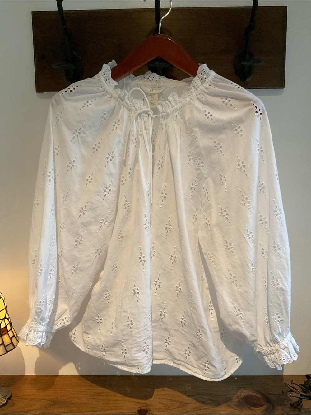 H&M White Eyelet Tie-Neck Peasant Blouse